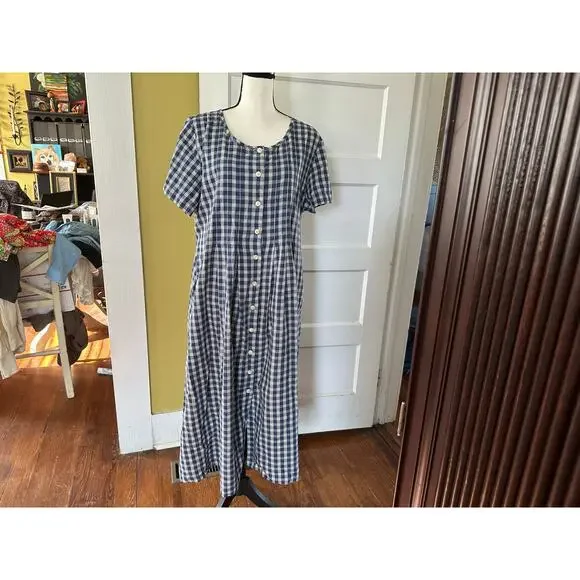 vintage L.L. Bean 100% Cotton Blue Plaid Button Front Cottagecore Dress Petite - Picture 1 of 15